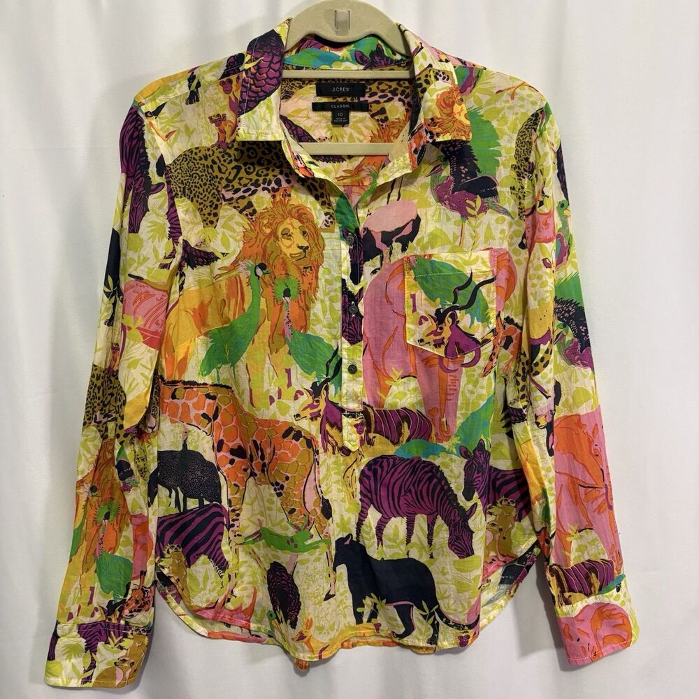 J. Crew Classic Blouse Safari Animals Top Button Cotton Size 10 Cotton Shirt Zoo